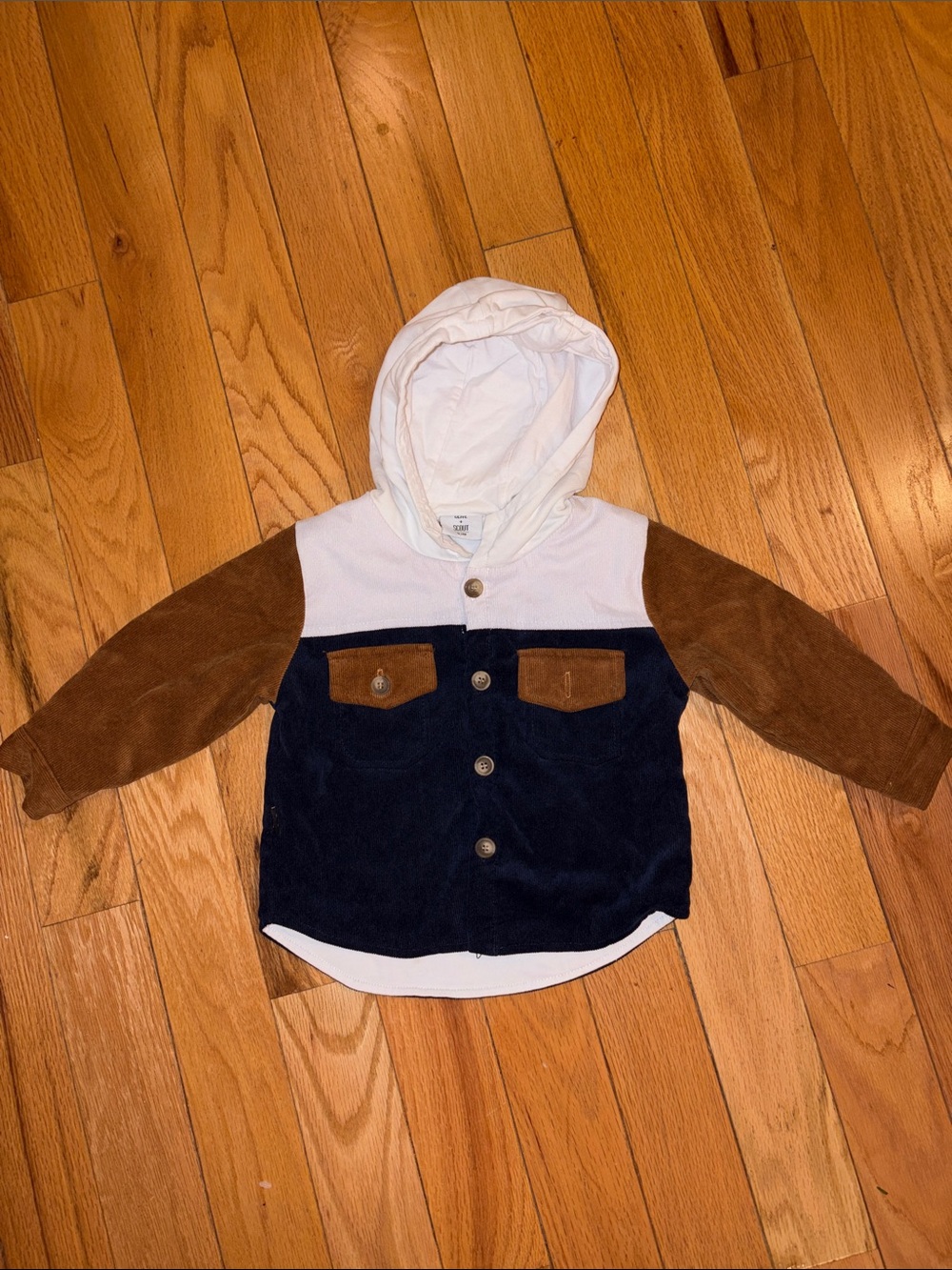 Kids Hooded Colorblock Button Jacket - Navy, Brown & White